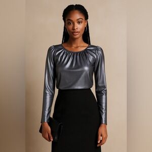 Derek Lam Collection Metallic Silver Long Sleeve Ruched Blouse Top Size 44